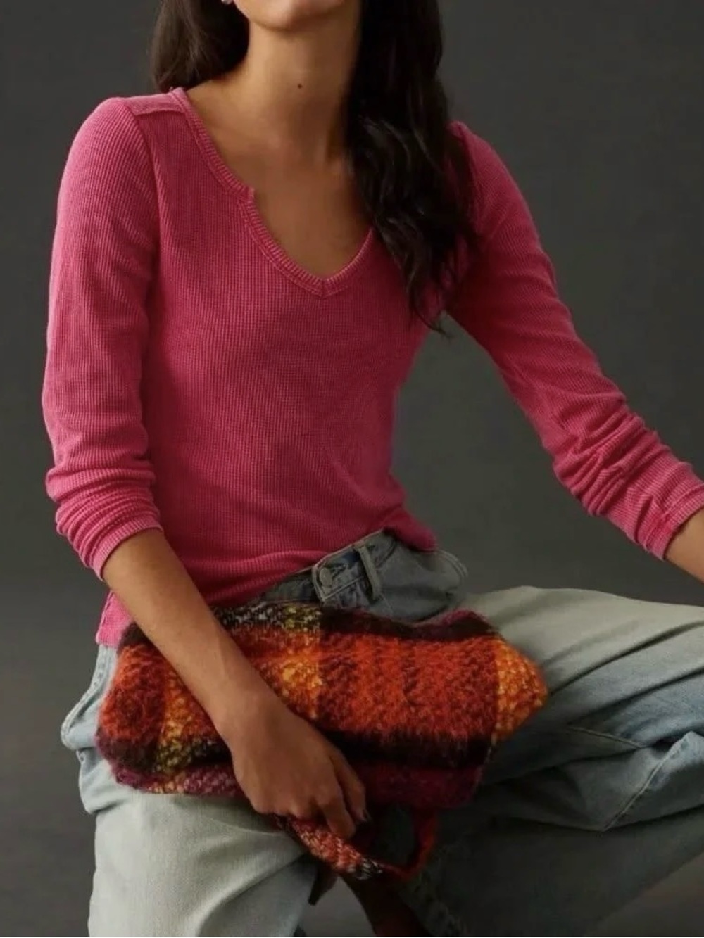 Women’s V-Neck Thermal Long Sleeve Sweater - Pink
